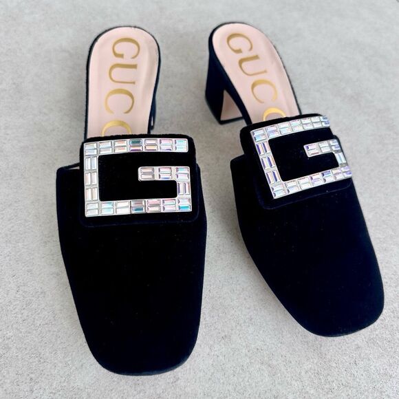 Gucci Madelyn Velvet Crystal Square G Mules Black Block Mid Heel EU 37.5 US 7.5 - Picture 11 of 11
